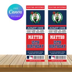 Boston Celtics Ticket Style Sports Birthday Invitations Canva Editable Instant Download
