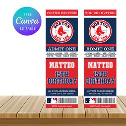 Boston Red Fox Ticket Style Sports Birthday Invitations Canva Editable Instant Download