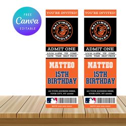 Baltimore Orioles Ticket Style Sports Birthday Invitations Canva Editable Instant Download