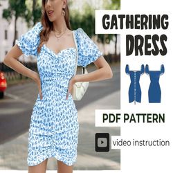 Mini Puff Sleeve Dress Pattern | Gathered Dress | XS-XL | Detailed PDF Download A0, A4, Us Letter  Video Tutorial