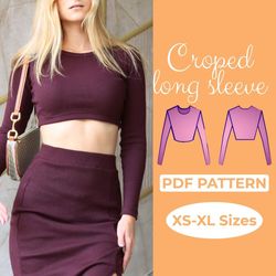 Long Sleeve Crop Top Sewing Pattern, Cropped Sweater, Athletic Bodycon Top, A4, A0, Us-Letter PDF Pattern XS - XL