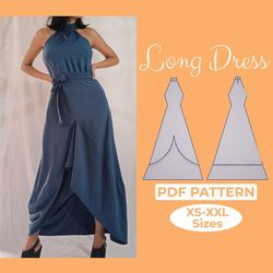 Long Maxi Dress Sewing Pattern, High Neck Dress, Fit and Flare Halter Dress With Bow, Drop Waist Gown, Princess Prom