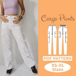 high waisted cargo pants pattern for women, baggy pocket pants sewing pattern for women | y2k rave & tech style | trendy