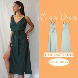 Cross Back Sewing Pattern, Maxi Slip Dress with Bow, V Neck Prom Dress, Easy Written Instruction with Illustrations