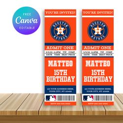 Houston Astros Ticket Style Sports Birthday Invitations Canva Editable Instant Download