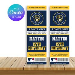 Milwaukee Brewers Ticket Style Sports Birthday Invitations Canva Editable Instant Download