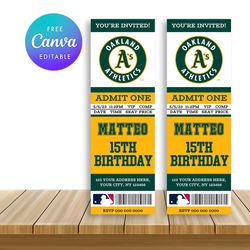Oakland Athletics Ticket Style Sports Birthday Invitations Canva Editable Instant Download