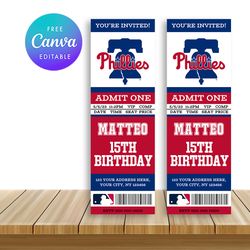 Philadelphia Phillies Ticket Style Sports Birthday Invitations Canva Editable Instant Download
