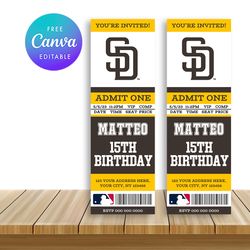 San Diego Padres Ticket Style Sports Birthday Invitations Canva Editable Instant Download