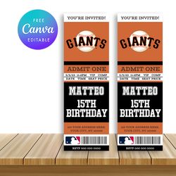 San Francisco Giants Ticket Style Sports Birthday Invitations Canva Editable Instant Download