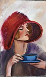 Lady in a hat with a cup of cappuccino. Original art oil painting.