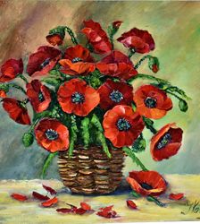 Bright poppies in a basket. Impasto painting. original picture