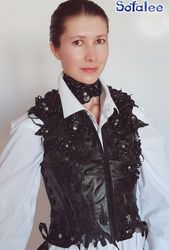 Floral vest and chocker of black genuine leather for women/ exclusive handmade waistcoat by Sofalee/ leather sleeveless.