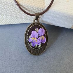 Ribbon embroidered irises on pendant, 4th wedding anniversary gift, custom embroidery bouquet