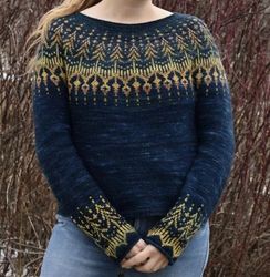 Hand Knit Icelandic Sweater Lopapeysa Fair Isle Pullover Women Wool Norwegian Sweater Round Yoke Christmas Gift for Her
