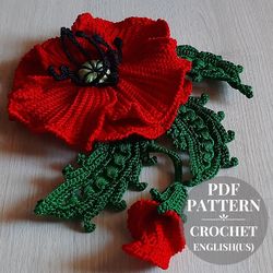 Crochet pattern brooch poppy flower. Crochet red wildflower pattern. Crochet blossom tutorial. Crochet big flowers PDF.