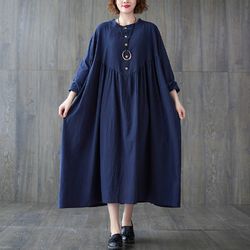 New retro large size cotton and linen long-sleeved dress for women