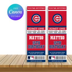 Chicago Cubs Ticket Style Sports Birthday Invitations Canva Editable Instant Download