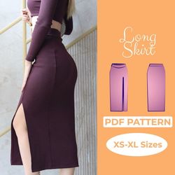Front Slit Skirt Sewing Pattern, Curvy Long Bodycon Skirt, 2 Length Maxi & Midi Skirt, Figure Hugging Dress, XS - XL