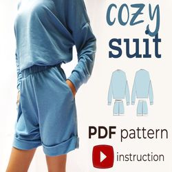 Loungewear Set Sewing Pattern | Casual Long Sleeve  Comfy Shorts | XS-XL | Detailed PDF Download A0, A4, Us Letter