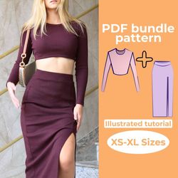 Long Sleeve Crop Top  Slit Skirt Sewing Pattern Bundle, High Waisted Bodycon Skirt, Figure Hugging Cropped Sweatshirt