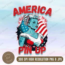 Playful American Flag Vintage PinUp Png, Flag Girl Tattoo Rebel Png, PNG High Quality, PNG, Digital Download