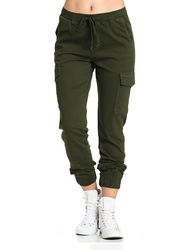 Solid Drawstring Cargo Pants, Casual Elastic Waist Long Length Pants With Pockets, Women's Clothing