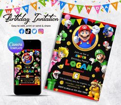 Super Mario Birthday Invitation, Mario Bros Invitation, Editable in Canva Printable Download, Video Game Kid Invite