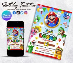 Editable Birthday Invitation, Super Mario Birthday Invitation, Kids Birthday Invitation, Thank You Card, Video Game Kid