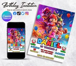 Super Mario Birthday Invitation, Editable in Canva Printable Download, Kids Birthday Invitation, Birthday Party Decorati