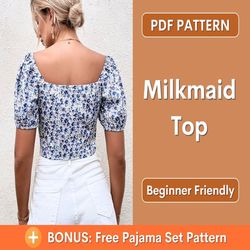 puff sleeve blouse pattern, milkmaid top pattern, sewing pattern top blouse, cottagecore top pattern, milkmaid blouse