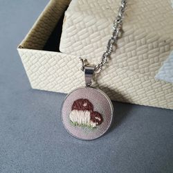 Hand embroidered mushroom on pendant, 4th wedding anniversary gift, custom embroidery bouquet
