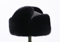 Men's Warm Winter Russian Hat Ushanka From Real Mink Fur And Genuine Leather Black Color