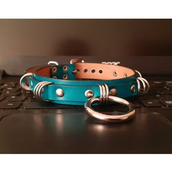 Quality turquoise leather bdsm day collar for women O ring sub choker collar plus size