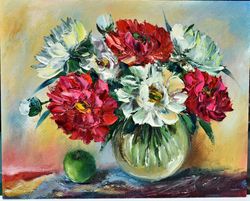 Peonies in a glass vase and an apple, painting flowers, painting for the kitchen