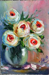 White roses in a vase, painting. Interior decoration of the room. Floral painting