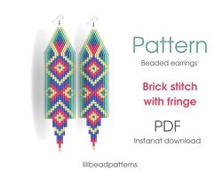 Earring pattern for beading - Brick stitch pattern for beaded fringe earrings - Instant download. Bead weaving.