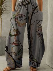 Women's Clothing Casual Mid Waist Print Straight Wide Fashion Loose Pants
