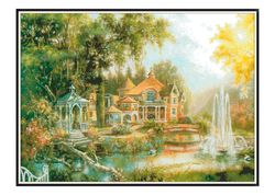 PDF Cross Stitch Digital Pattern - House with a Fountain - Embroidery Counted Templates