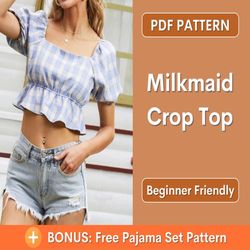 blouse pattern, top pattern, milkmaid pattern, puff sleeve sewing pdf pattern top blouse, milkmaid top pattern, women