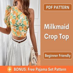 milkmaid top pattern, one shoulder crop top sewing pattern, top blouse pattern, vintage blouse pattern, milkmaid blouse
