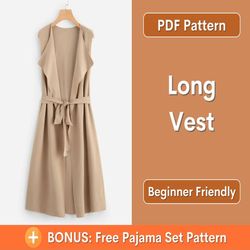 Vest Pattern, Sewing Pattern PDF, Women Vest Pattern, Long Vest pattern, Beginner sewing project, easy pattern, S-XL