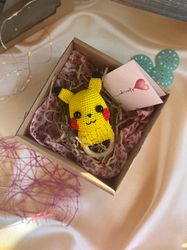 pikachu crochet rattle, first baby toy, baby gift, organic newborn toy, cotton knitted toy, baby pokemon