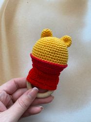 Winnie the Pooh crochet rattle, First baby toy, Baby gift, Organic newborn toy, Cotton knitted toy, Yellow Bear