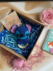 Stitch crochet rattle, First baby toy, Baby gift, Organic newborn toy, Cotton knitted toy, Baby Stitch Stitch Amigurumi