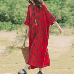 New large size women's cotton and linen high-end simple retro casual red dress