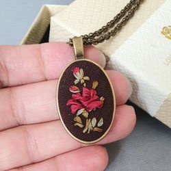 Ribbon embroidered rose on pendant, 4th wedding anniversary gift, custom embroidery bouquet