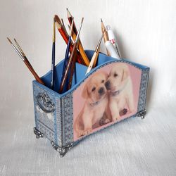Wooden stand for pencils , pens or combs . Decorative organizer with " Cute Dogs " pattern
