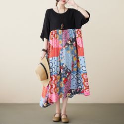 New Plus Size Ladies Retro Fashion Print Loose Midi Dress