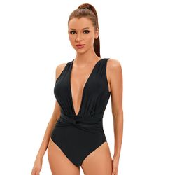 New sexy solid color V-neck one-piece swimsuit for women